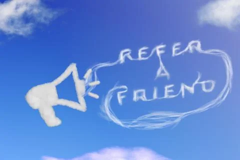 Cloud shape of megaphone with a refer a friend concept on blue sky. Stock Illustration