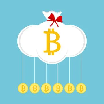 Cloud in shape of money sack and hanging coins with bitcoin sign.  Stock Illustration