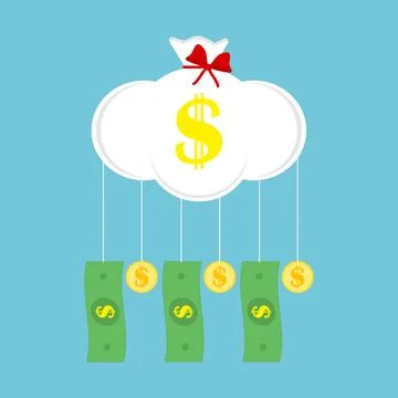 Cloud in shape of money sack with hanging paper green dollars and coins. Stock Illustration