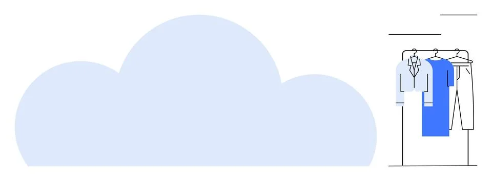 Cloud shape next to a minimalistic wardrobe with shirts and pants hung on han Stock Illustration