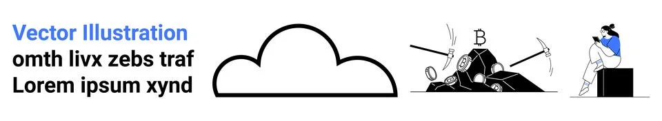 Cloud shape outline, left-aligned blue text block, person mining rocks marked Stock Illustration