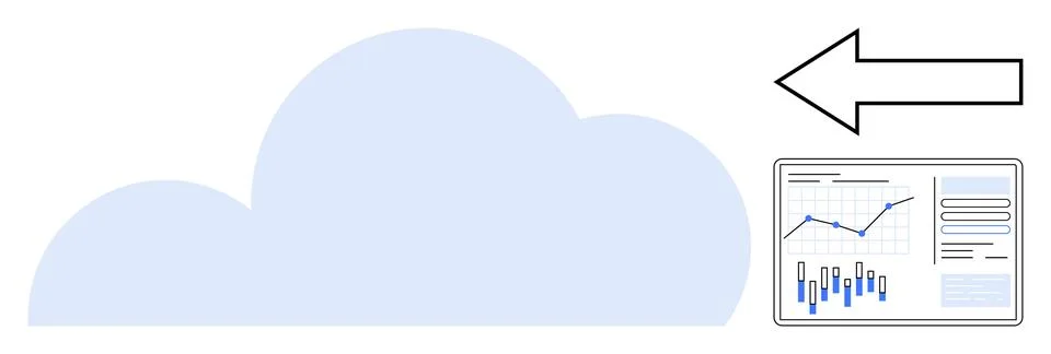 Cloud shape, rightward arrow, and data analytics screen with blue graphs. Ide Stock Illustration