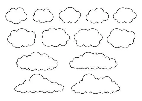 Cloud shape on sky set, weather line icon. Simple flat style of different clouds Stock Illustration