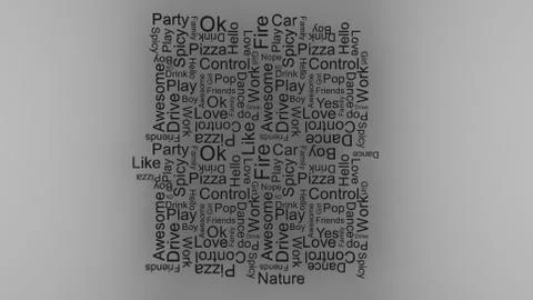 Cloud shape square of black text random words on a gray background. rain of l Stock Photos