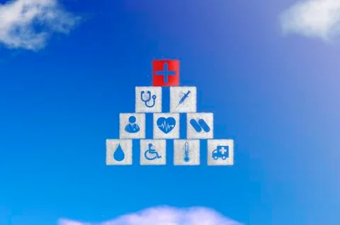 Cloud shape of square block stacking with icon healthcare Stock Illustration