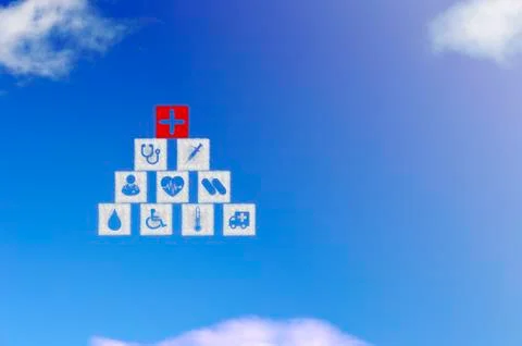 Cloud shape of square block stacking with icon healthcare medical on blue sky Stock Illustration