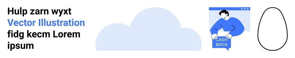 Cloud shape, text in different fonts, blue color scheme, person with Cash Bac イラスト素材