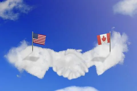 Cloud shape of the USA and Canada shake hands on blue sky. Stock Illustration