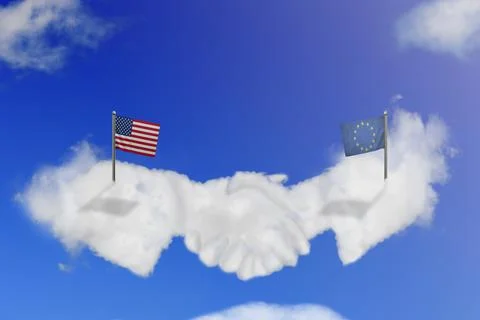 Cloud shape of the USA and the EU shake hands on blue sky. Illustrazione stock