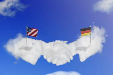Cloud shape of the USA and Germany shake hands on blue sky. Stock Illustration
