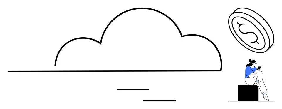 Cloud shape with user sitting on a block accessing data on a device, large co Stock Illustration