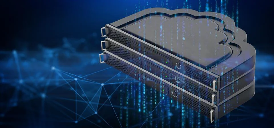 Cloud shaped network server rack on blue background. 3D illustration Illustrazione stock