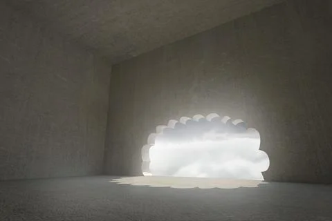 Cloud-shaped opening is casting bright daylight patch across minimal concrete イラスト素材