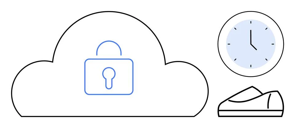 Cloud-shaped padlock securing data. Blue clock indicating time management. Fo Stock Illustration