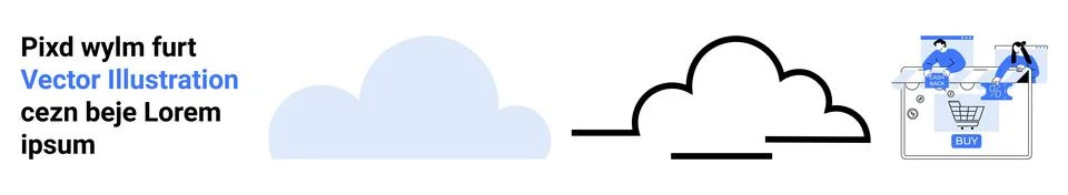 Cloud shapes and two people engaging with online shopping interface, highligh Ilustração Stock