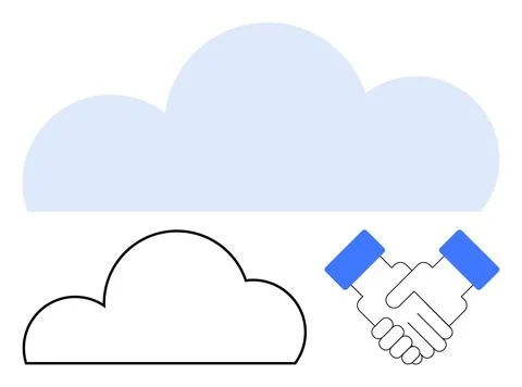 Cloud shapes in blue and black outline with a handshake. Ideal for technology Stock Illustration