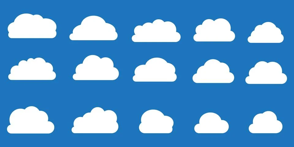 Cloud shapes. Clouds pack in flat style for design element in white with shadow. Stock Illustration