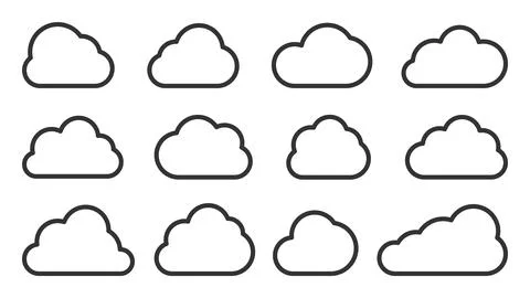 Cloud shapes weather forecast black line icon set Stock Illustration