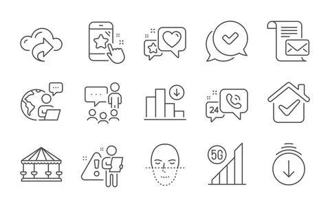 Cloud share, Mail letter and Decreasing graph icons set. Approved, 5g wifi and Stock Illustration