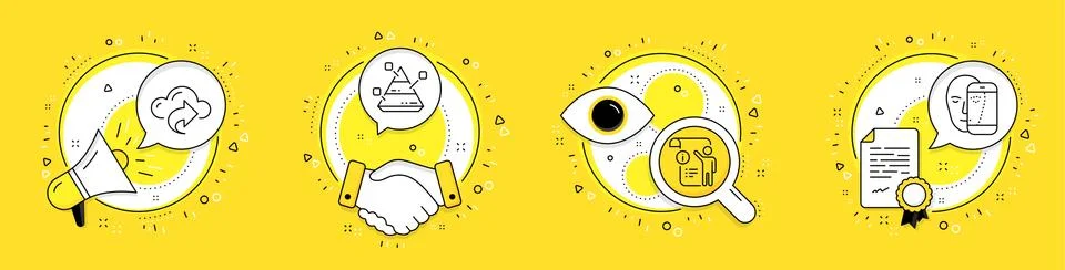 Cloud share, Manual doc and Pyramid chart icons set. Face biometrics sign 스톡 일러스트