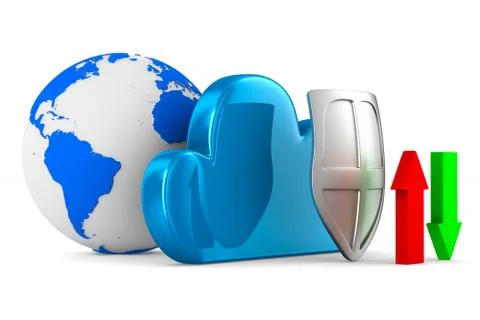 Cloud with shield on white background. Isolated 3D image Stock Illustration