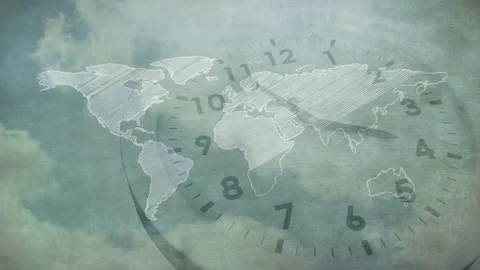 Cloud shift starting sketch map drawing in from left over clock face, hands Stock Footage 329115756