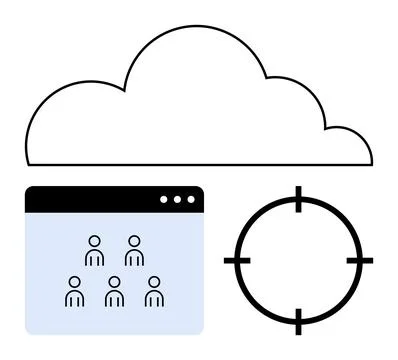 Cloud silhouette above a window with user icons and a target crosshair. Ideal Illustrazione stock