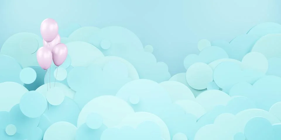 Cloud sky and balloons floating in the sky paper cut style 3D illustration イラスト素材