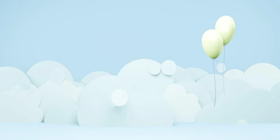 Cloud sky and balloons floating in the sky paper cut style 3D illustration イラスト素材