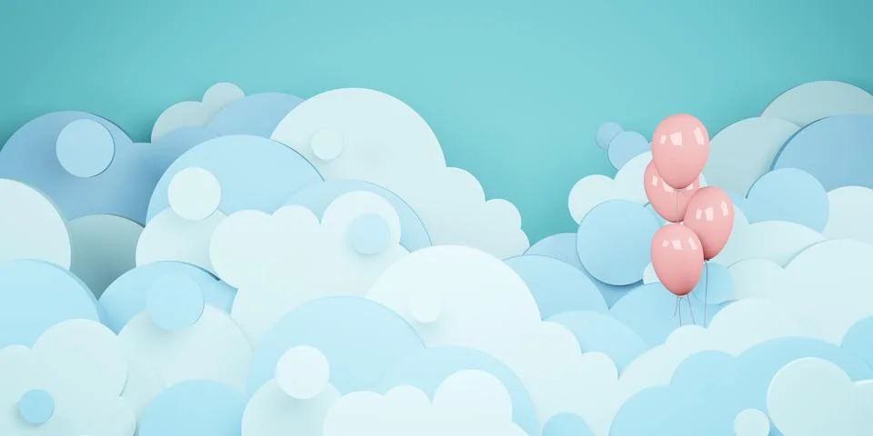 Cloud sky and balloons floating in the sky paper cut style 3D illustration イラスト素材