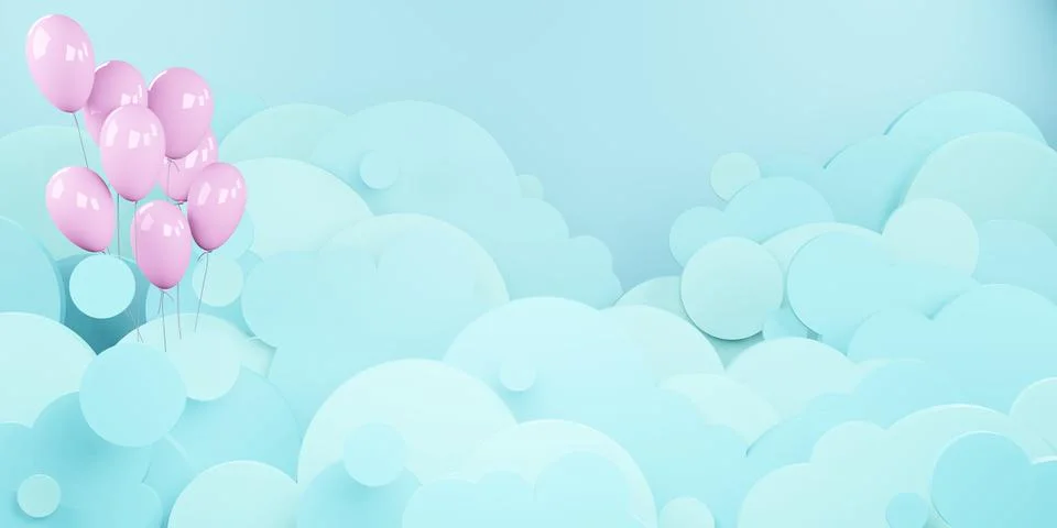 Cloud sky and balloons floating in the sky paper cut style 3D illustration 스톡 일러스트