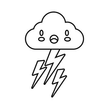 Cloud sky with electric storm thunders kawaii comic character line style Stock Illustration