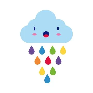 Cloud sky with rain drops kawaii comic character flat style Stock Illustration