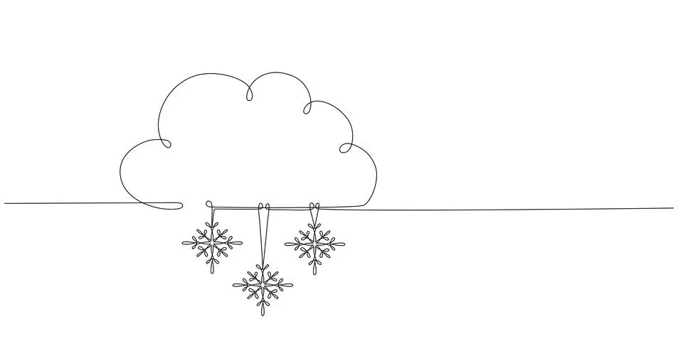 Cloud with snow - hand drawing one single continuous line banner. Vector stock Illustrazione stock