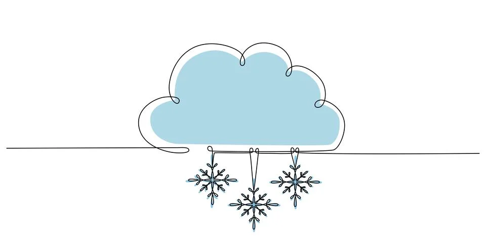 Cloud with snow - one single hand drawing continuous line banner. Vector stock Stock Illustration