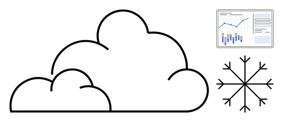 Cloud with snowflake and analytics chart suggesting weather data analysis Illustrazione stock