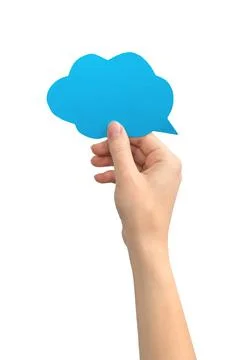 Cloud speech bubble in female hand, isolated on a white background. Text mess Stock Photos