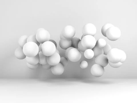 Cloud of spheres flying in 3d white room Stock Illustration