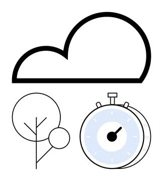 Cloud, Stopwatch, and Minimalist Tree Time Management, Nature, and Data Stora イラスト素材
