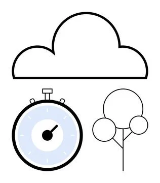 Cloud, Stopwatch, and Tree Outlines with Simple Minimalist Design Stock Illustration