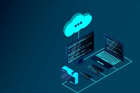 Cloud storage 3d isometric technology concept. Isometric cloud technology wit Stock Illustration