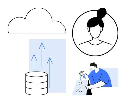 Cloud storage above database with upward arrows. User profile icon and person Illustrazione stock