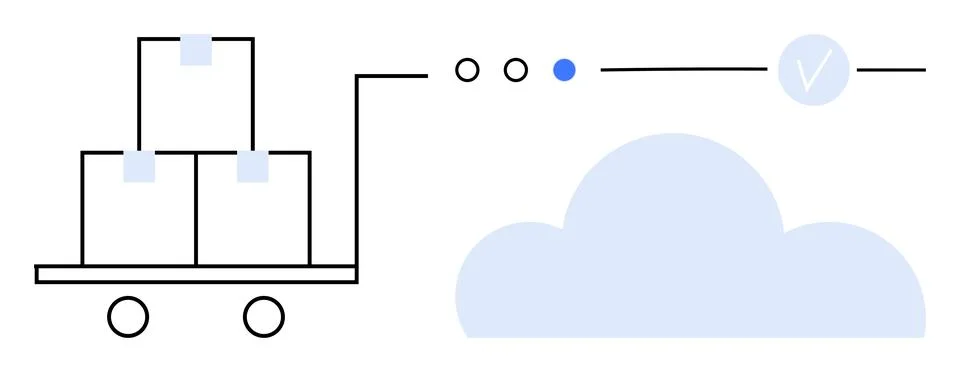 Cloud Storage and Data Migration Illustrated with Cart and Cloud Elements Stock Illustration