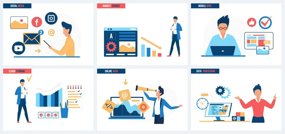 Cloud storage and data processing, market analysis service, social media Illustrazione stock