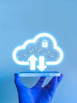 Cloud storage and data security concept with upload and download icons abov.. Stock Photos