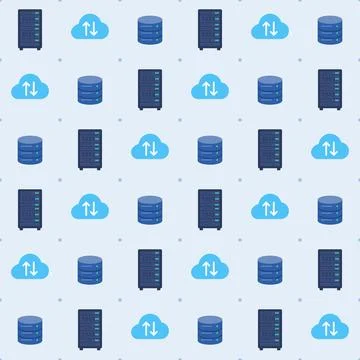 Cloud storage and data server icons seamless pattern on light blue background, Stock Illustration