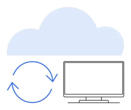 Cloud storage and data synchronization concept with computer monitor and re.. Stock Illustration