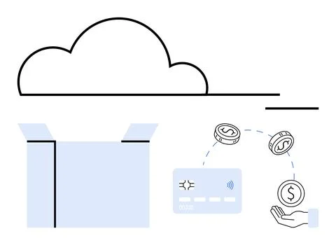 Cloud storage and e-commerce solutions Cloud storage icon, open box, credit card Stock Illustration