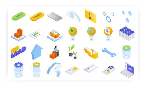 Cloud storage and file transfer services, vector isometric icon set. Upload Stock Illustration