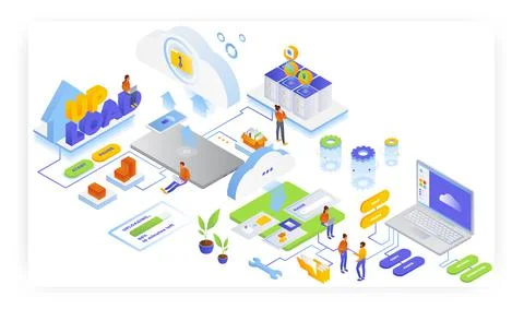 Cloud storage and file transfer services, vector isometric illustration. Upload Stock Illustration